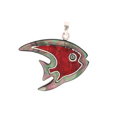 Pendentif poisson en nacre, corail rouge et argent