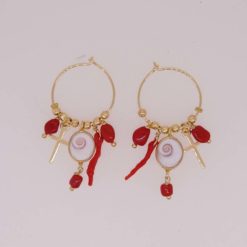 Boucles d'oreilles créoles oeil de saint lucie croix argent doré morceaux et branche corail rouge de méditerranée corse